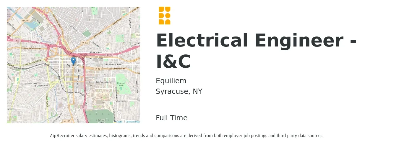 Equiliem job posting for a Electrical Engineer - I&C in Syracuse, NY with a salary of $79,000 to $105,700 Yearly with a map of Syracuse location.