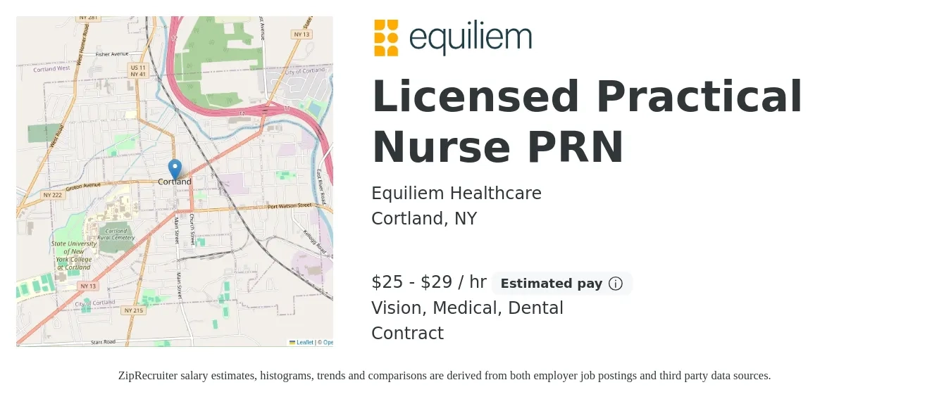 Equiliem Healthcare job posting for a Licensed Practical Nurse PRN in Cortland, NY with a salary of $27 to $31 Hourly and benefits including medical, vision, and dental with a map of Cortland location.