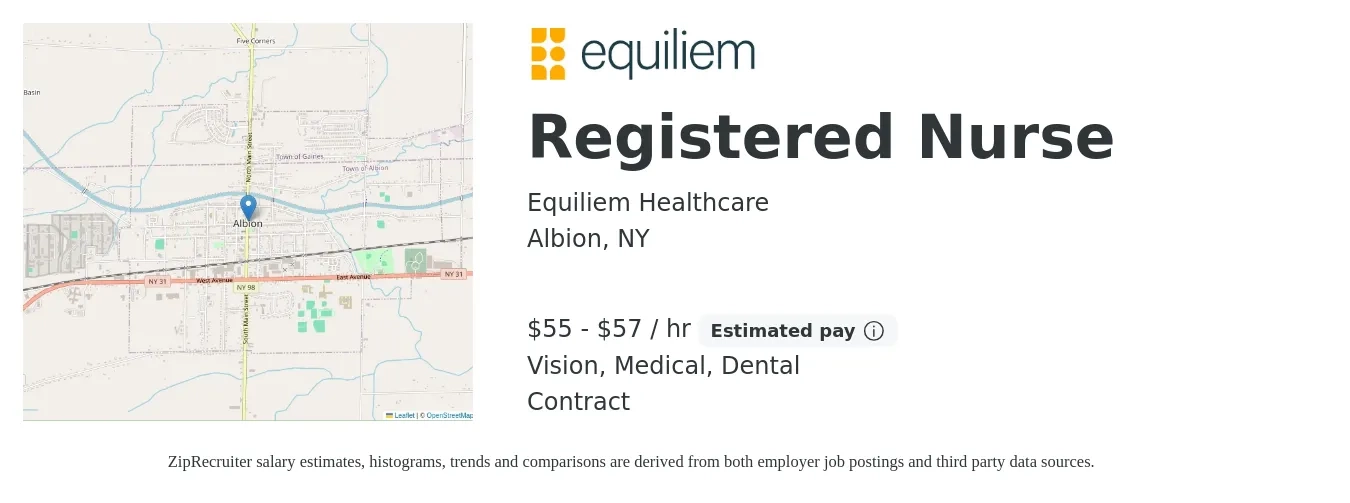 Equiliem Healthcare job posting for a Registered Nurse in Albion, NY with a salary of $58 to $60 Hourly and benefits including medical, vision, and dental with a map of Albion location.