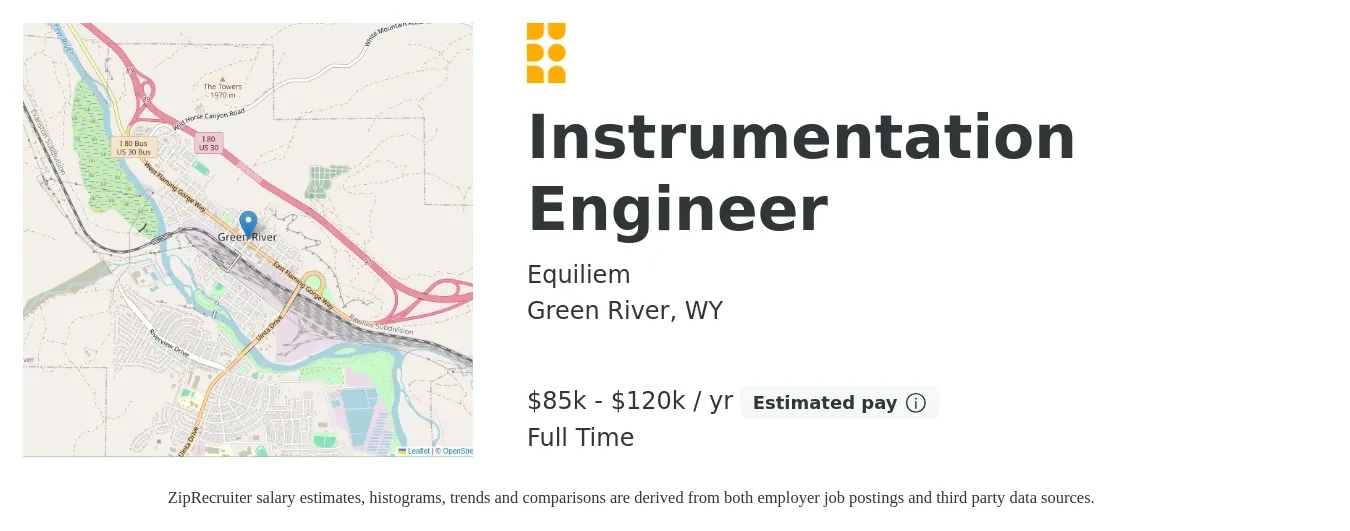Equiliem job posting for a Instrumentation Engineer in Green River, WY with a salary of $85,000 to $120,000 Yearly with a map of Green River location.