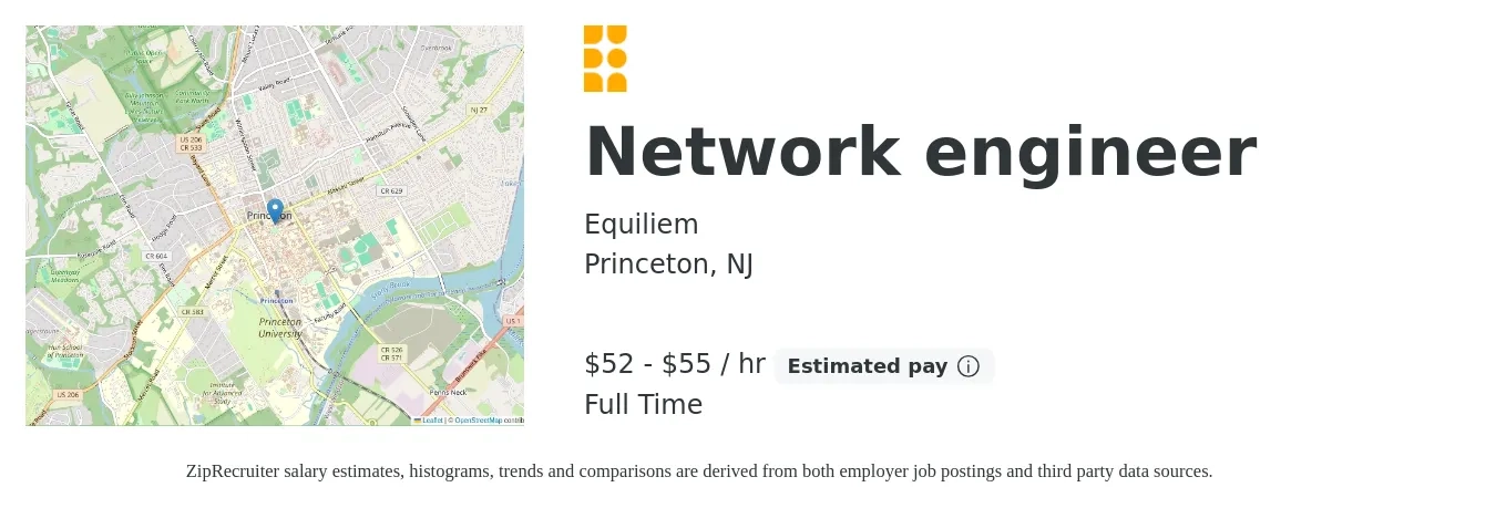 Equiliem job posting for a Network engineer in Princeton, NJ with a salary of $55 to $58 Hourly with a map of Princeton location.