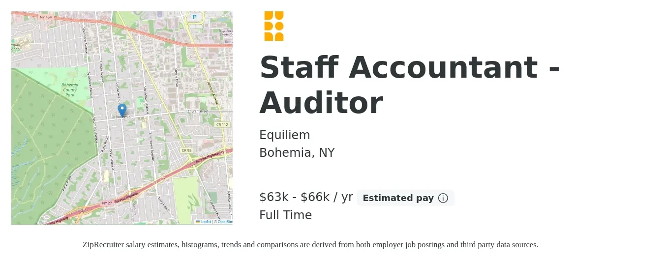 Equiliem job posting for a Staff Accountant - Auditor in Bohemia, NY with a salary of $63,500 to $66,500 Yearly with a map of Bohemia location.