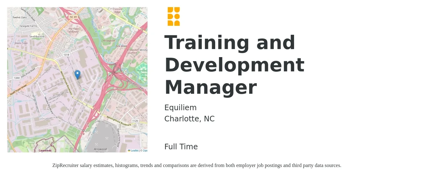 Equiliem job posting for a Training and Development Manager in Charlotte, NC with a salary of $56,300 to $92,800 Yearly with a map of Charlotte location.