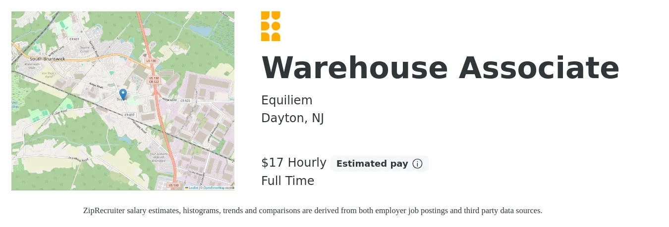 Equiliem job posting for a Warehouse Associate in Dayton, NJ with a salary of $18 Hourly with a map of Dayton location.