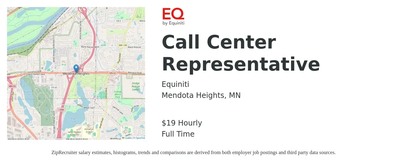 Equiniti job posting for a Call Center Representative in Mendota Heights, MN with a salary of $20 Hourly with a map of Mendota Heights location.