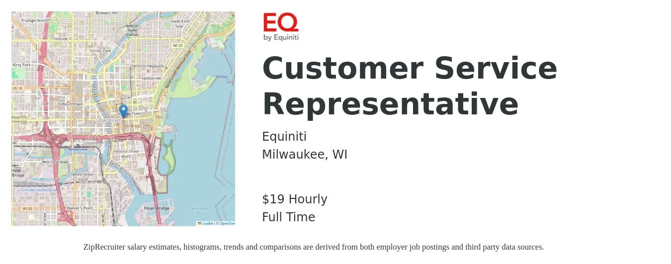 Equiniti job posting for a Customer Service Representative in Milwaukee, WI with a salary of $20 Hourly with a map of Milwaukee location.