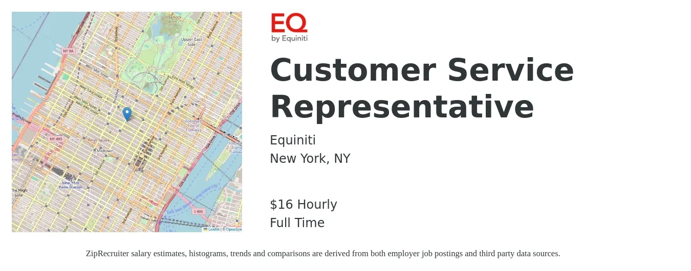 Equiniti job posting for a Customer Service Representative in New York, NY with a salary of $17 Hourly with a map of New York location.