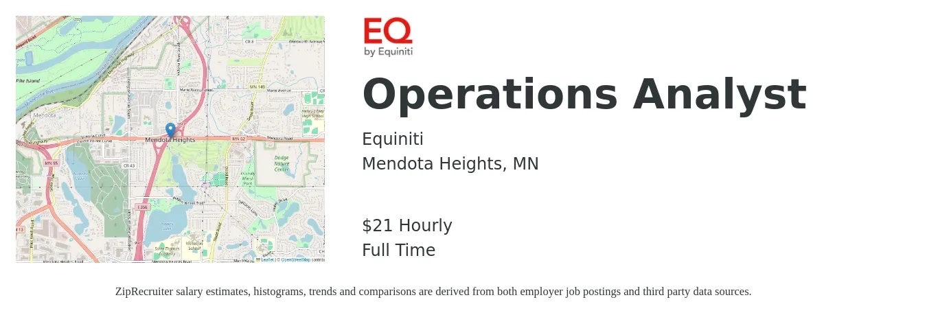 Equiniti job posting for a Operations Analyst in Mendota Heights, MN with a salary of $22 Hourly with a map of Mendota Heights location.