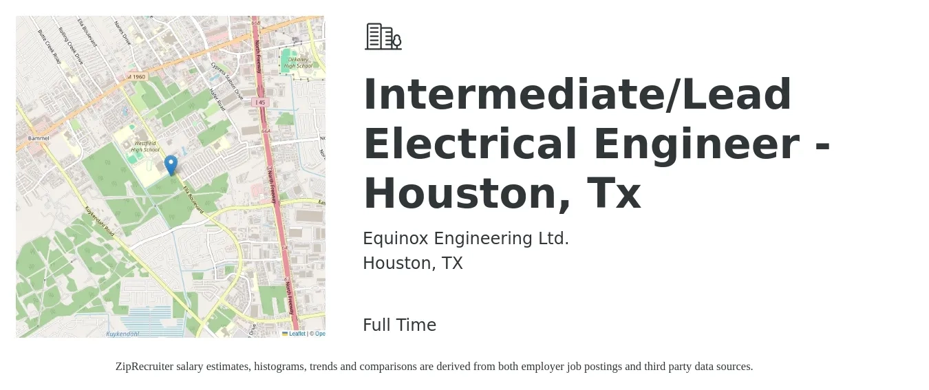 Equinox Engineering Ltd. job posting for a Intermediate/Lead Electrical Engineer - Houston, Tx in Houston, TX with a salary of $152,800 to $159,500 Yearly with a map of Houston location.