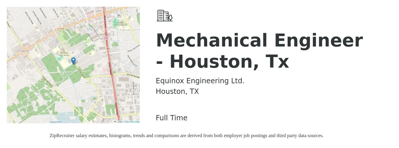 Equinox Engineering Ltd. job posting for a Mechanical Engineer - Houston, Tx in Houston, TX with a salary of $77,800 to $120,800 Yearly with a map of Houston location.