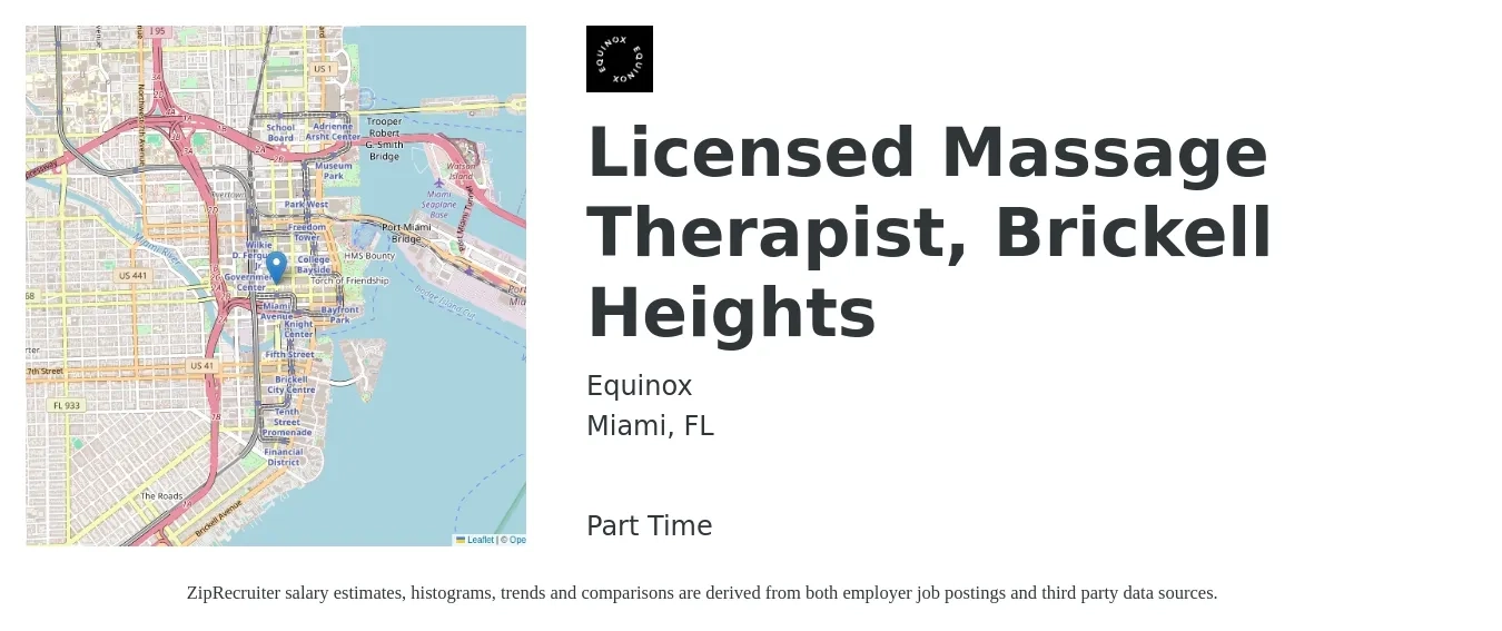 Equinox job posting for a Licensed Massage Therapist, Brickell Heights in Miami, FL with a salary of $28 to $47 Hourly with a map of Miami location.