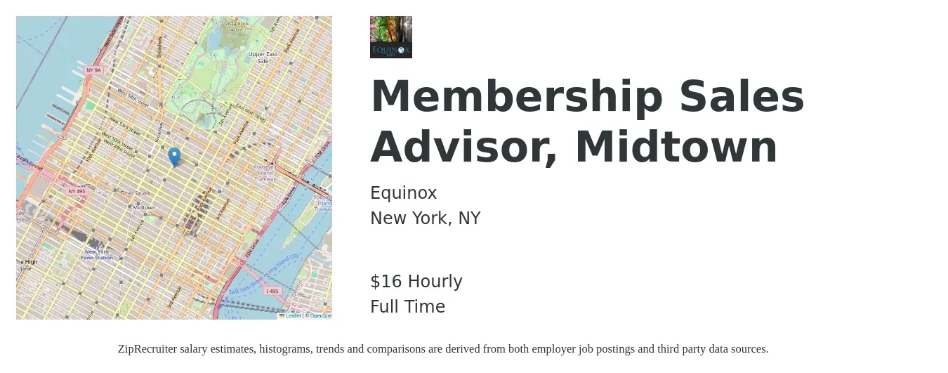 Equinox job posting for a Membership Sales Advisor, Midtown in New York, NY with a salary of $17 Hourly with a map of New York location.