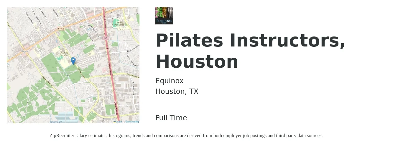 Equinox job posting for a Pilates Instructors, Houston in Houston, TX with a salary of $23 to $41 Hourly with a map of Houston location.