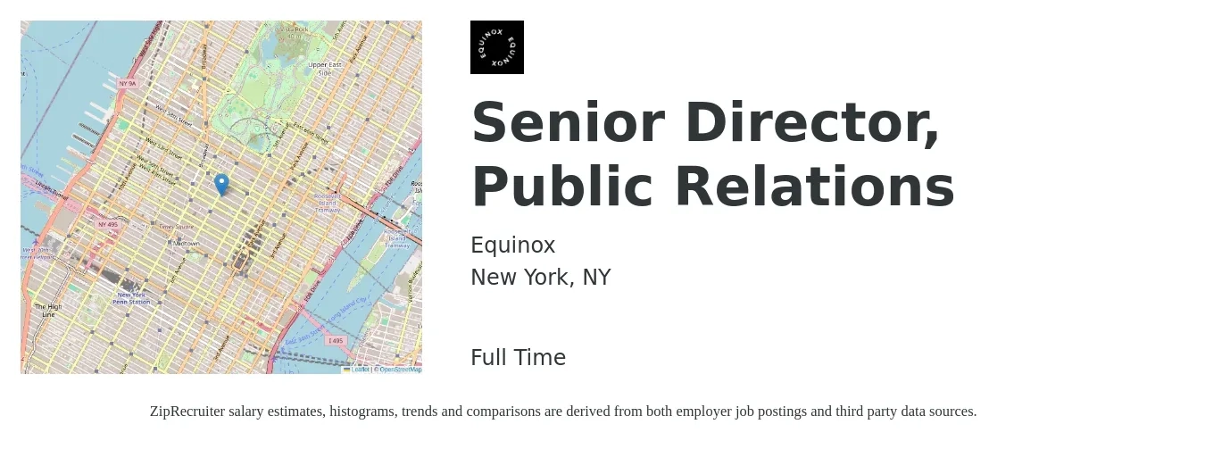 Equinox job posting for a Senior Director, Public Relations in New York, NY with a salary of $82,100 to $140,600 Yearly with a map of New York location.