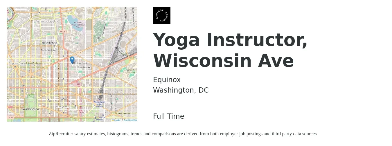 Equinox job posting for a Yoga Instructor, Wisconsin Ave in Washington, DC with a salary of $28 to $44 Hourly with a map of Washington location.