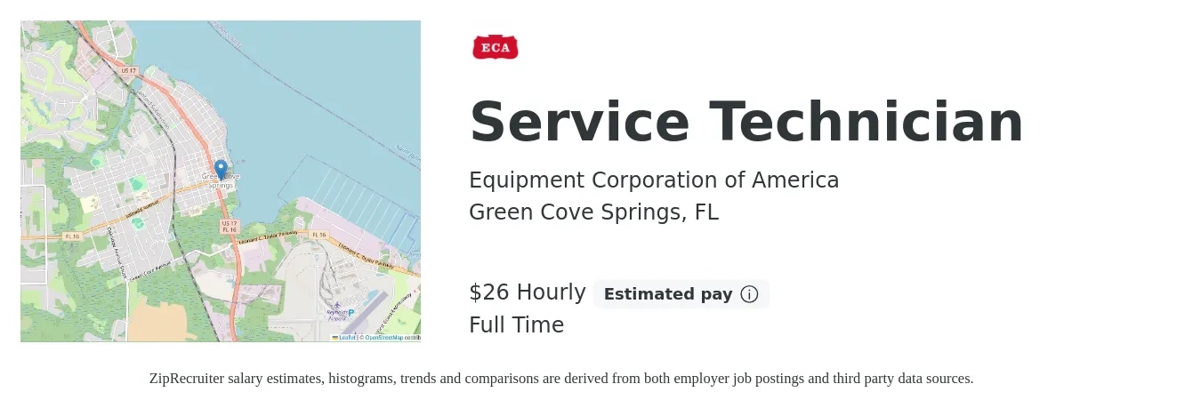 Equipment Corporation of America job posting for a Service Technician in Green Cove Springs, FL with a salary of $28 Hourly with a map of Green Cove Springs location.