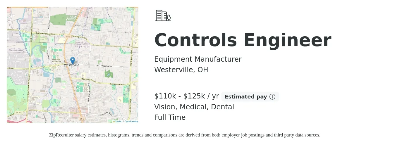 Equipment Manufacturer job posting for a Controls Engineer in Westerville, OH with a salary of $110,000 to $125,000 Yearly and benefits including dental, life_insurance, medical, pto, retirement, and vision with a map of Westerville location.