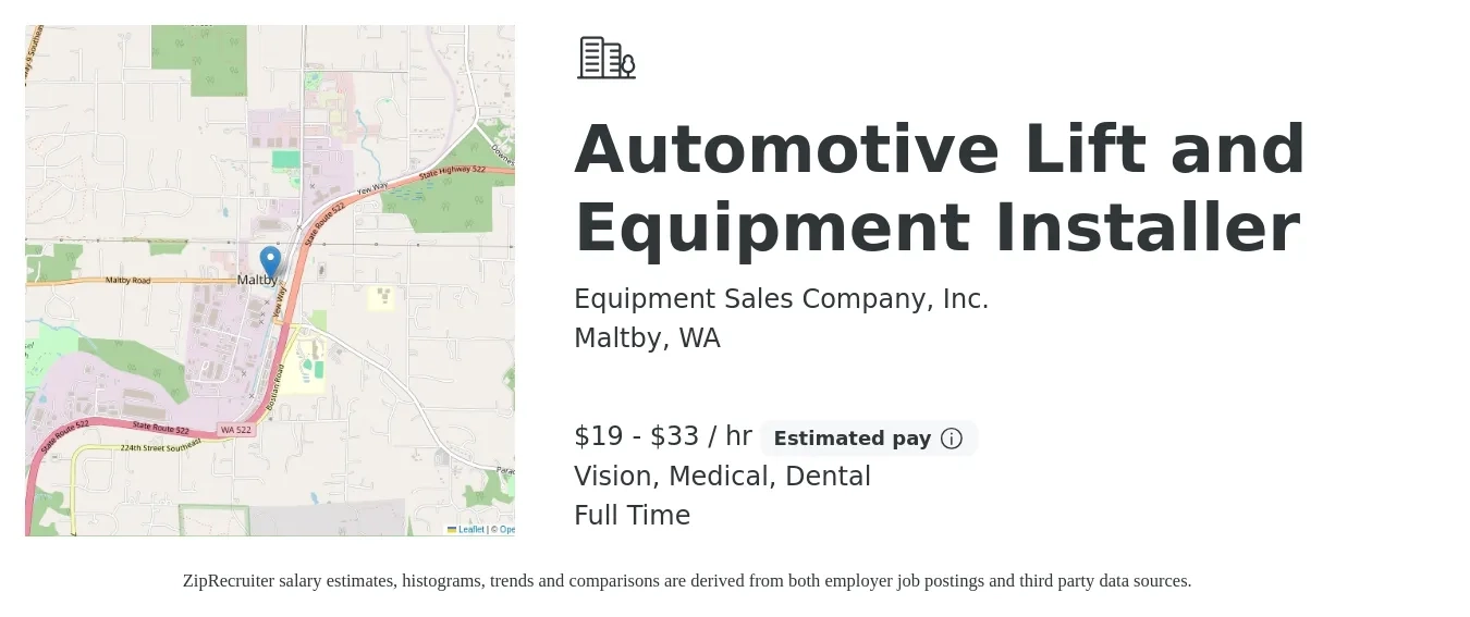 Equipment Sales Company, Inc. job posting for a Automotive Lift and Equipment Installer in Maltby, WA with a salary of $20 to $35 Hourly and benefits including dental, medical, pto, and vision with a map of Maltby location.