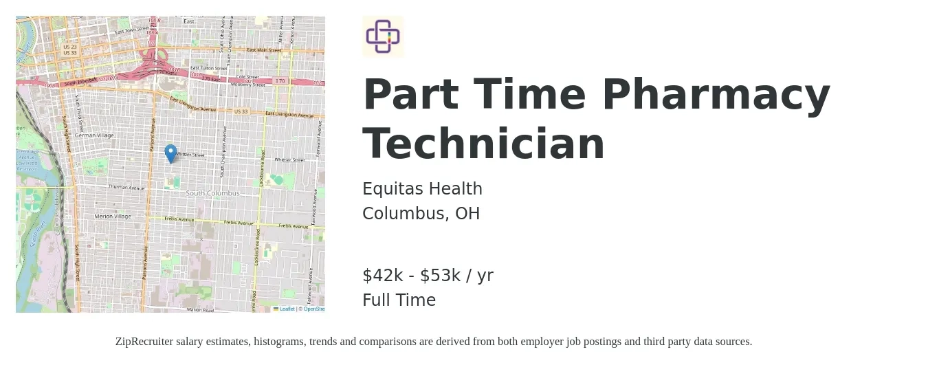 Equitas Health job posting for a Part Time Pharmacy Technician in Columbus, OH with a salary of $42,500 to $53,100 Yearly with a map of Columbus location.