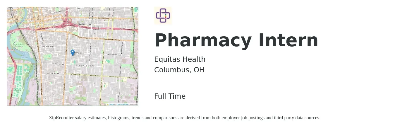 Equitas Health job posting for a Pharmacy Intern in Columbus, OH with a salary of $37,000 to $46,200 Yearly with a map of Columbus location.