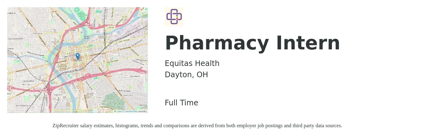 Equitas Health job posting for a Pharmacy Intern in Dayton, OH with a salary of $37,000 to $46,200 Yearly with a map of Dayton location.