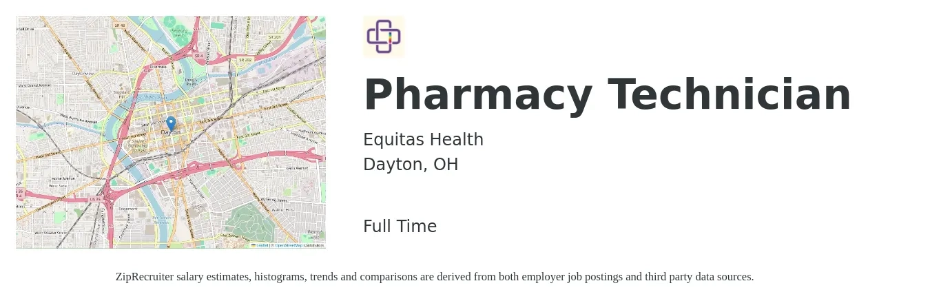 Equitas Health job posting for a Pharmacy Technician in Dayton, OH with a salary of $42,500 to $53,100 Yearly with a map of Dayton location.