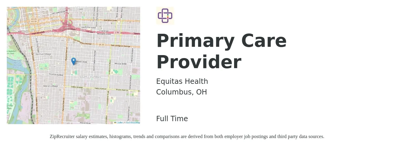 Equitas Health job posting for a Primary Care Provider in Columbus, OH with a salary of $28 to $67 Hourly with a map of Columbus location.