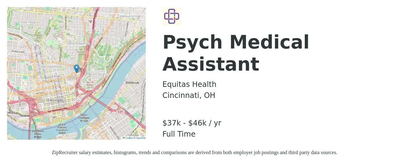 Equitas Health job posting for a Psych Medical Assistant in Cincinnati, OH with a salary of $37,000 to $46,200 Yearly with a map of Cincinnati location.