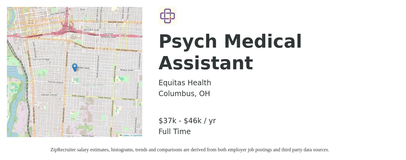 Equitas Health job posting for a Psych Medical Assistant in Columbus, OH with a salary of $37,000 to $46,200 Yearly with a map of Columbus location.