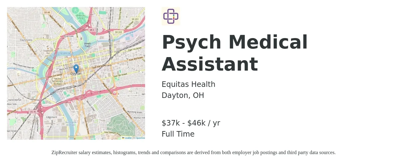 Equitas Health job posting for a Psych Medical Assistant in Dayton, OH with a salary of $37,000 to $46,200 Yearly with a map of Dayton location.
