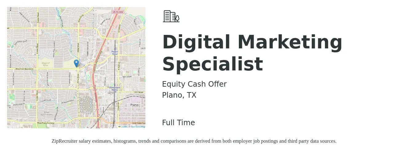 Equity Cash Offer job posting for a Digital Marketing Specialist in Plano, TX with a salary of $46,700 to $69,600 Yearly with a map of Plano location.