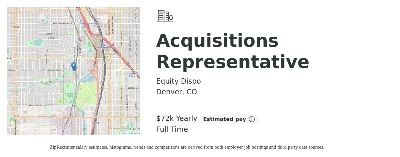 Equity Dispo job posting for a Acquisitions Representative in Denver, CO with a salary of $72,000 Yearly with a map of Denver location.