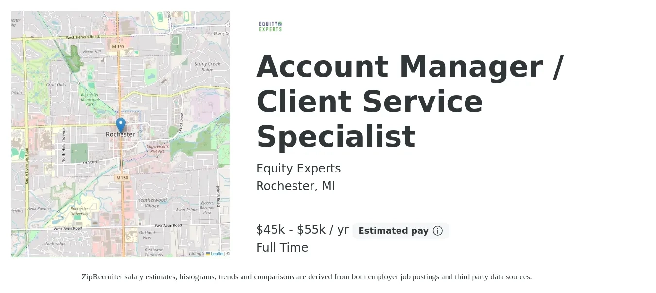 Equity Experts job posting for a Account Manager / Client Service Specialist in Rochester, MI with a salary of $50,000 Yearly with a map of Rochester location.