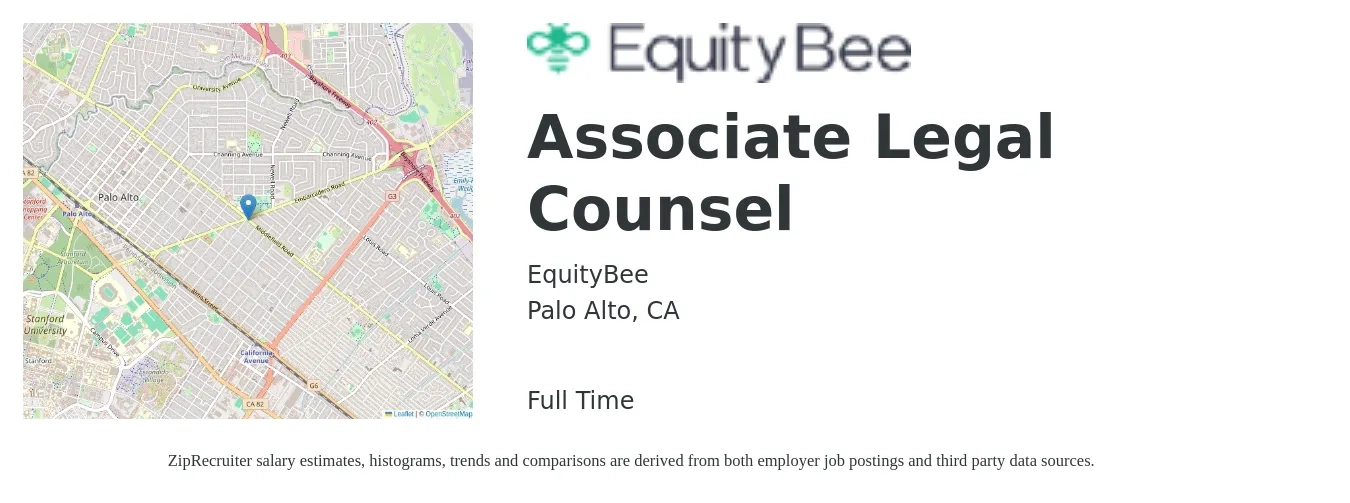 EquityBee job posting for a Associate Legal Counsel in Palo Alto, CA with a salary of $126,400 to $223,300 Yearly with a map of Palo Alto location.