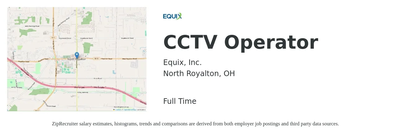 Equix, Inc. job posting for a CCTV Operator in North Royalton, OH with a salary of $18 to $26 Hourly with a map of North Royalton location.