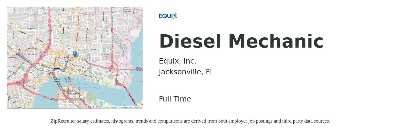 Equix, Inc. job posting for a Diesel Mechanic in Jacksonville, FL with a salary of $23 to $30 Hourly with a map of Jacksonville location.