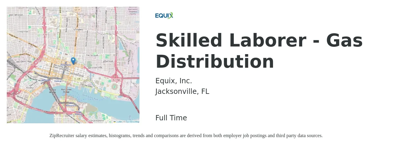 Equix, Inc. job posting for a Skilled Laborer - Gas Distribution in Jacksonville, FL with a salary of $16 to $21 Hourly with a map of Jacksonville location.