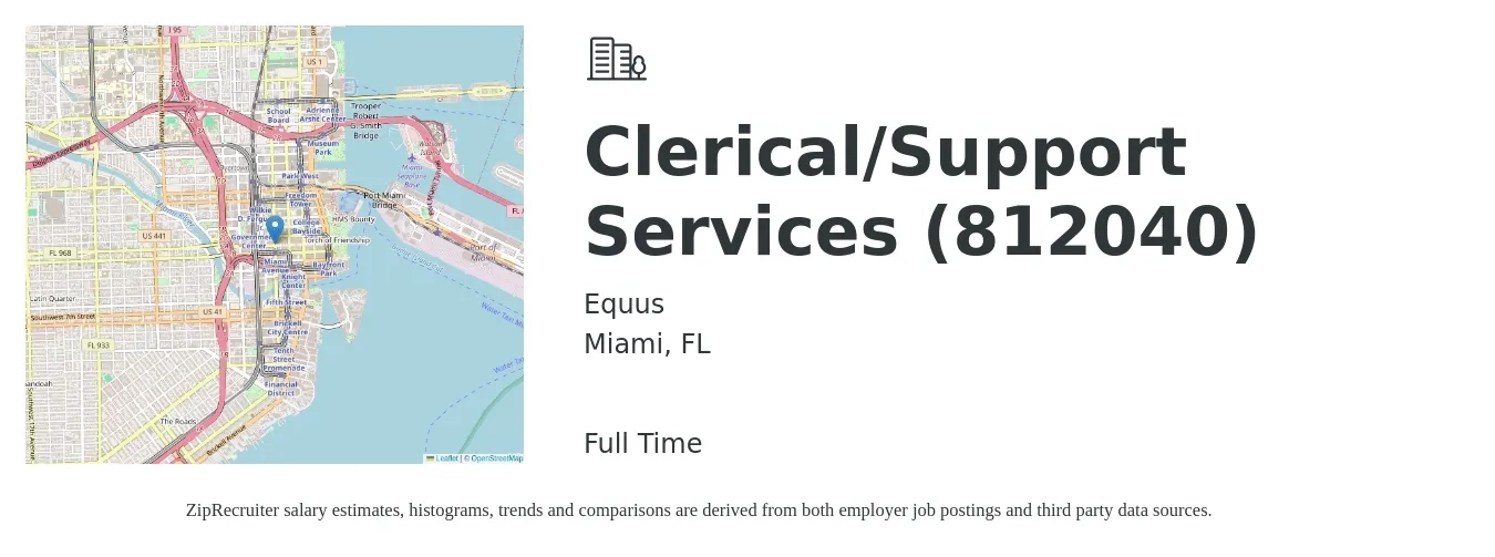 Equus job posting for a Clerical/Support Services (812040) in Miami, FL with a salary of $15 to $19 Hourly with a map of Miami location.