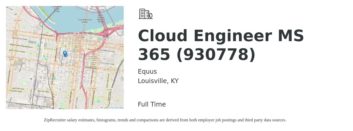 Equus job posting for a Cloud Engineer MS 365 (930778) in Louisville, KY with a salary of $54 to $72 Hourly with a map of Louisville location.