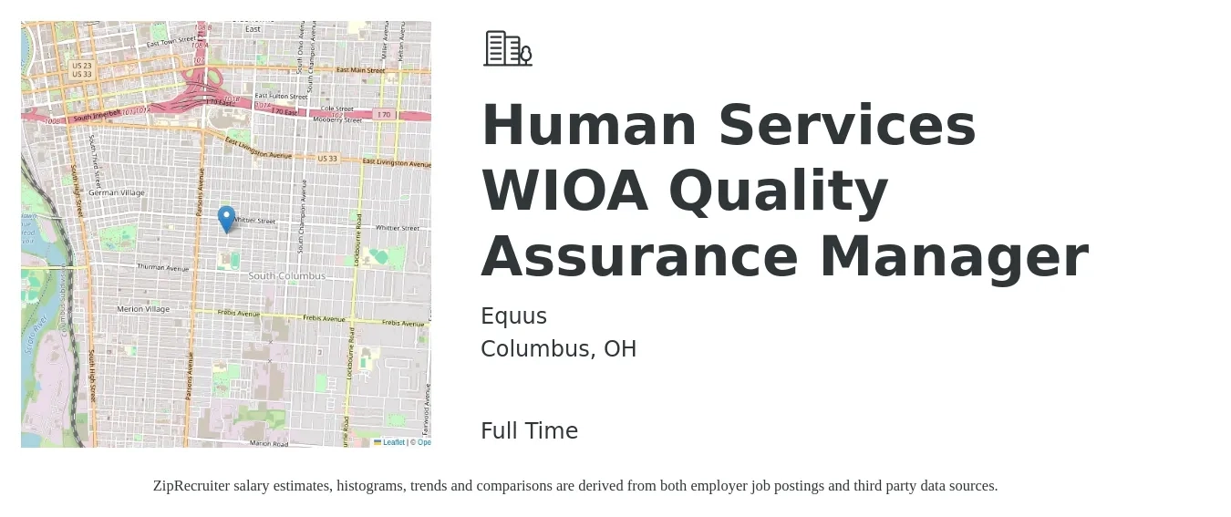 Equus job posting for a Human Services WIOA Quality Assurance Manager in Columbus, OH with a salary of $80,200 to $139,600 Yearly with a map of Columbus location.