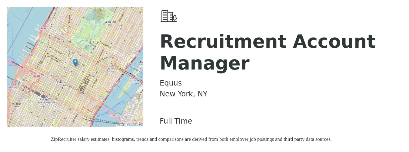 Equus job posting for a Recruitment Account Manager in New York, NY with a salary of $43,800 to $57,400 Yearly with a map of New York location.