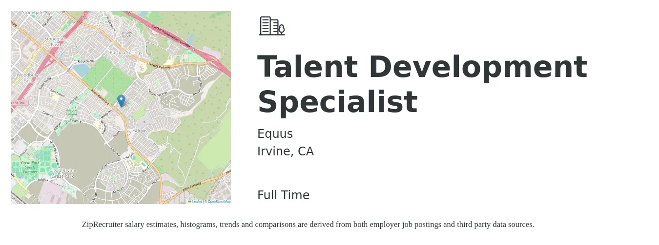 Equus job posting for a Talent Development Specialist in Irvine, CA with a salary of $53,700 to $89,100 Yearly with a map of Irvine location.