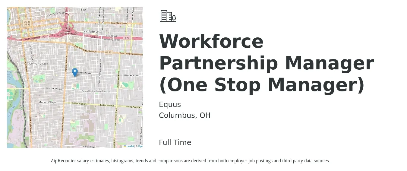 Equus job posting for a Workforce Partnership Manager (One Stop Manager) in Columbus, OH with a salary of $45,900 to $88,900 Yearly with a map of Columbus location.