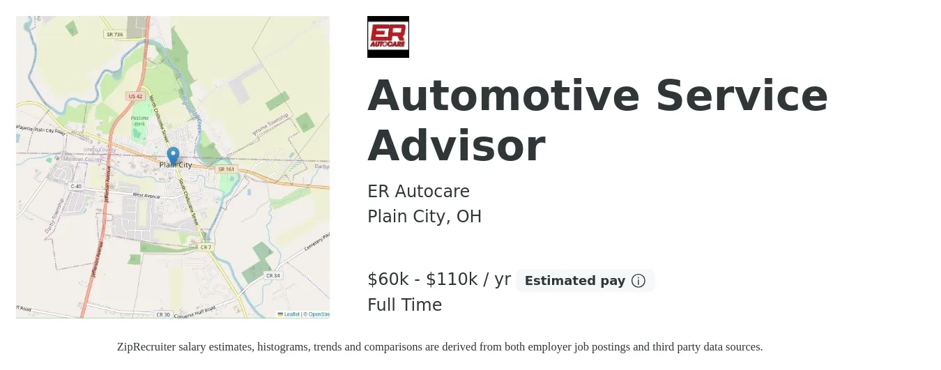 ER Autocare job posting for a Automotive Service Advisor in Plain City, OH with a salary of $60,000 to $110,000 Yearly with a map of Plain City location.