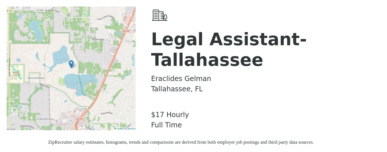 Eraclides Gelman job posting for a Legal Assistant- Tallahassee in Tallahassee, FL with a salary of $18 Hourly with a map of Tallahassee location.