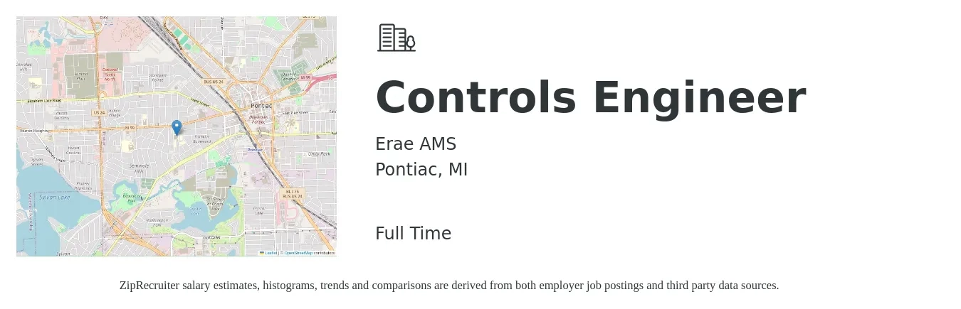 Erae AMS job posting for a Controls Engineer in Pontiac, MI with a salary of $36 to $43 Hourly with a map of Pontiac location.