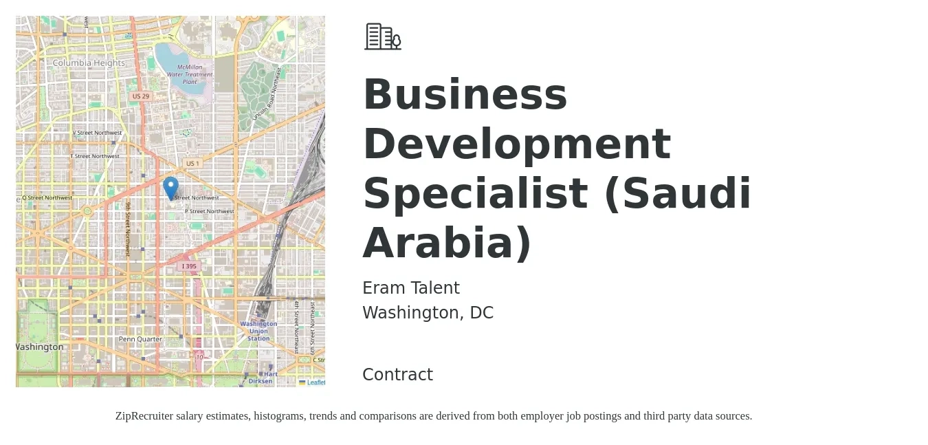 Eram Talent job posting for a Business Development Specialist (Saudi Arabia) in Washington, DC with a salary of $53,200 to $88,900 Yearly with a map of Washington location.