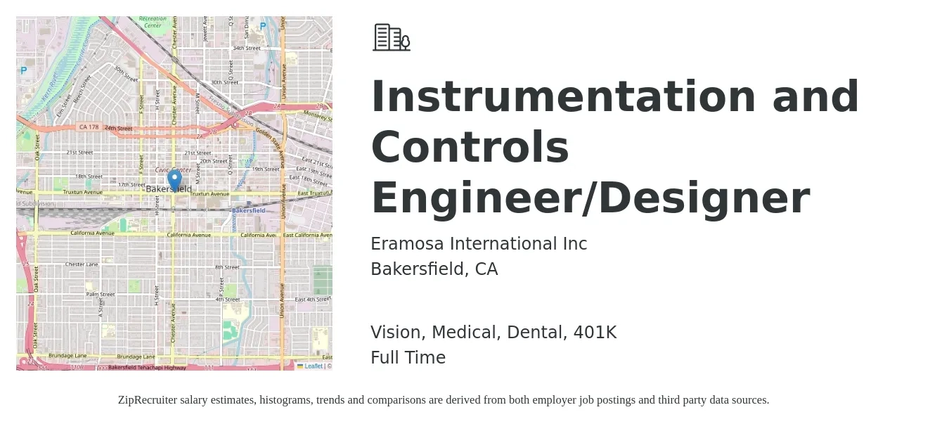 Eramosa International Inc job posting for a Instrumentation and Controls Engineer/Designer in Bakersfield, CA with a salary of $46 to $67 Hourly and benefits including medical, vision, 401k, dental, and life_insurance with a map of Bakersfield location.