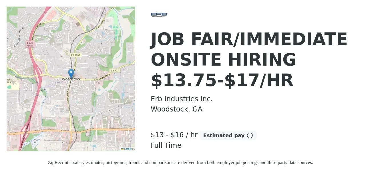 Erb Industries Inc. job posting for a JOB FAIR/IMMEDIATE ONSITE HIRING $13.75-$17/HR in Woodstock, GA with a salary of $14 to $17 Hourly with a map of Woodstock location.