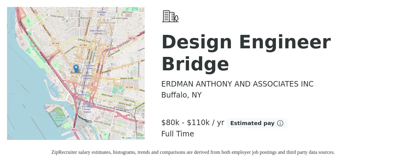 ERDMAN ANTHONY AND ASSOCIATES INC job posting for a Design Engineer Bridge in Buffalo, NY with a salary of $80,000 to $110,000 Yearly with a map of Buffalo location.